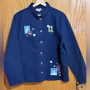 Breckenridge holiday Christmas appliques embroidered button up jacket sz XL NAVY